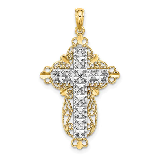 14K Two-tone 2-D and D/C Filigree Cross Charm