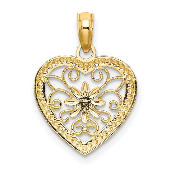 14k and White Rhodium Textured Flower Filigree Heart Charm