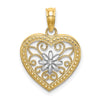 14k and White Rhodium Textured Flower Filigree Heart Charm