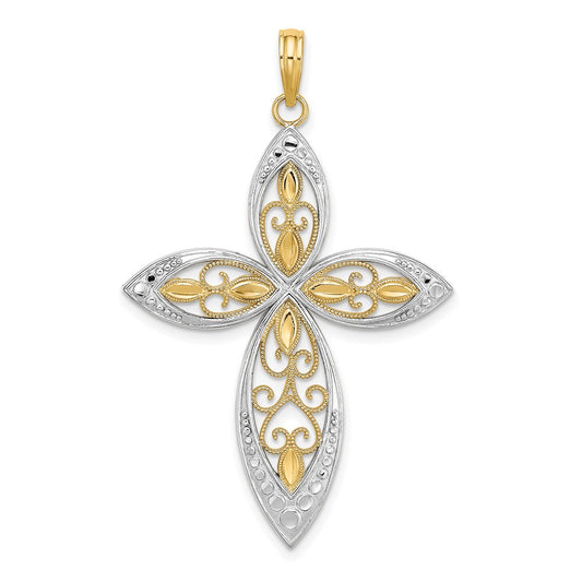 14K with Rhodium Beaded Filigree Cross Charm