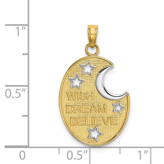 14k and White Rhodium WISH DREAM BELIEVE Moon and Stars Charm