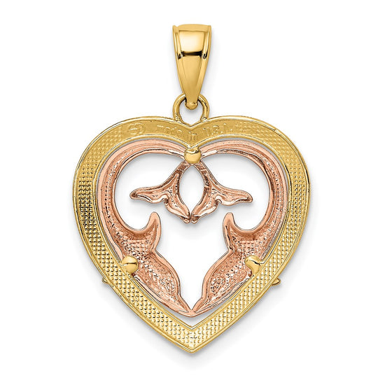 14K Two-Tone with White Rhodium Dolphins In Heart Frame Charm