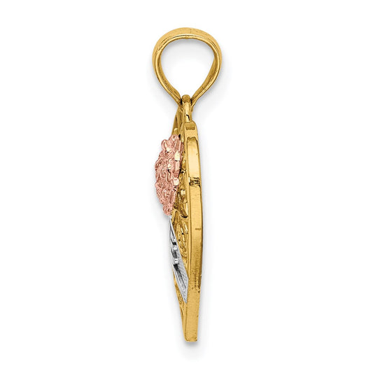 14k Two-tone with White Rhodium LOVE Banner on Filigree Heart Charm