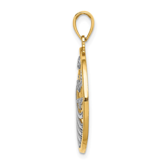 14k and White Rhodium Sunset and Seagulls In Circle Pendant