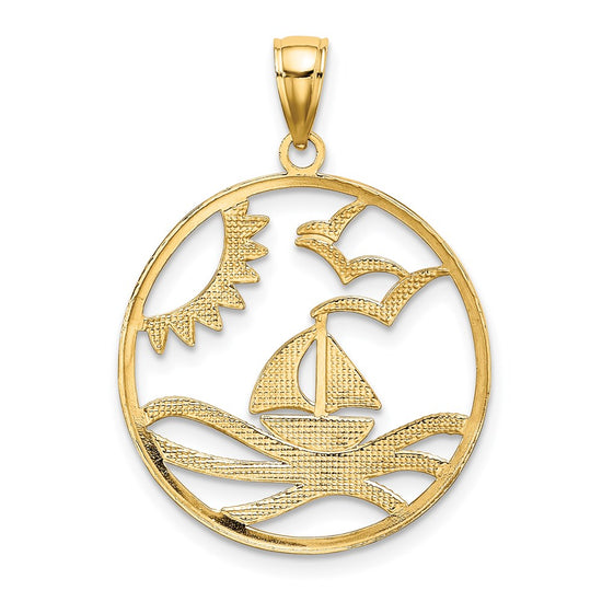14k and White Rhodium Sun/Sailboat/Water/Seagulls in Circle Charm