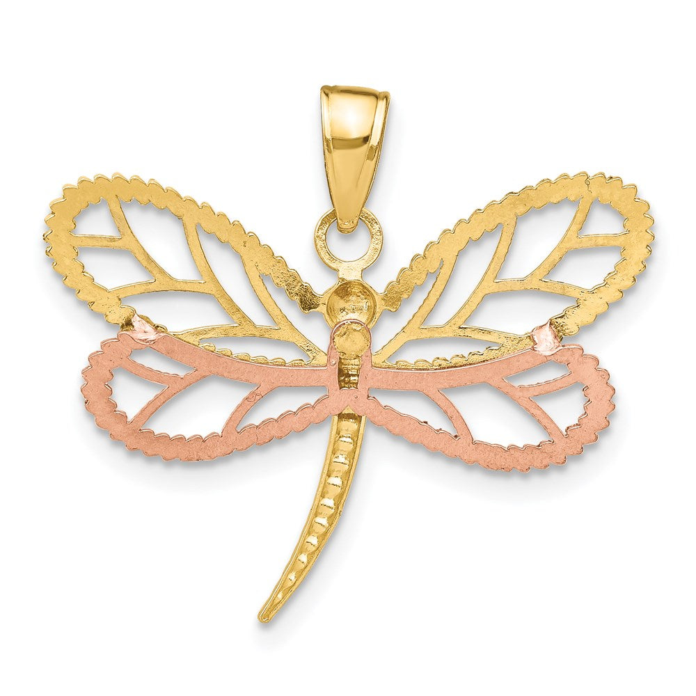 14k Two-tone with White Rhodium Dragonfly with Beaded Diamond-cut Wings Charm