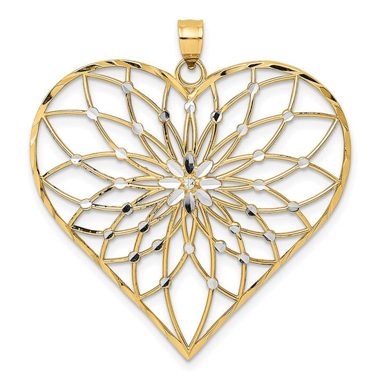 14k with White Rhodium Diamond-cut Large Filigree Heart Pendant