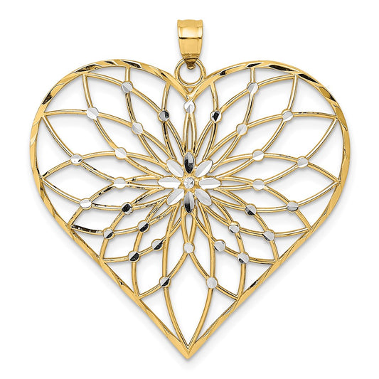 14k with White Rhodium Diamond-cut Large Filigree Heart Pendant