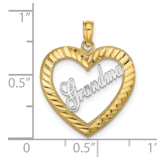 14k with White Rhodium Diamond-cut GRANDMA Heart Charm
