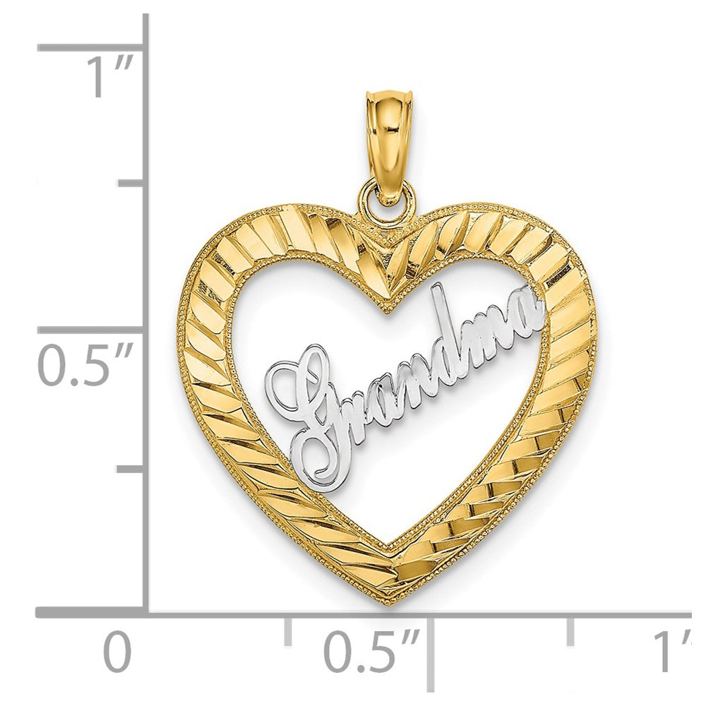 14k with White Rhodium Diamond-cut GRANDMA Heart Charm