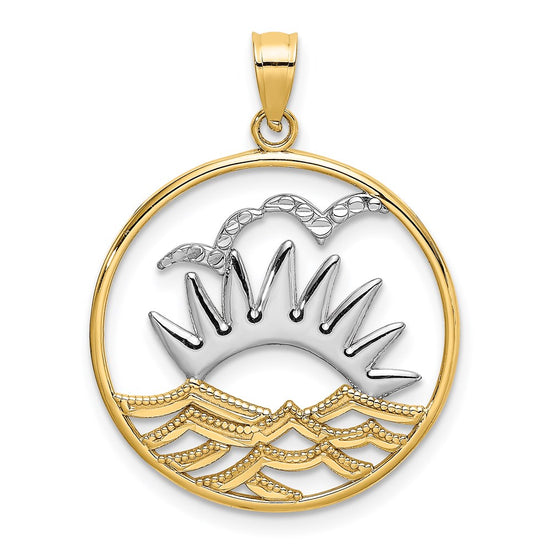 14K and White Rhodium Sunset and Water In Circle Charm
