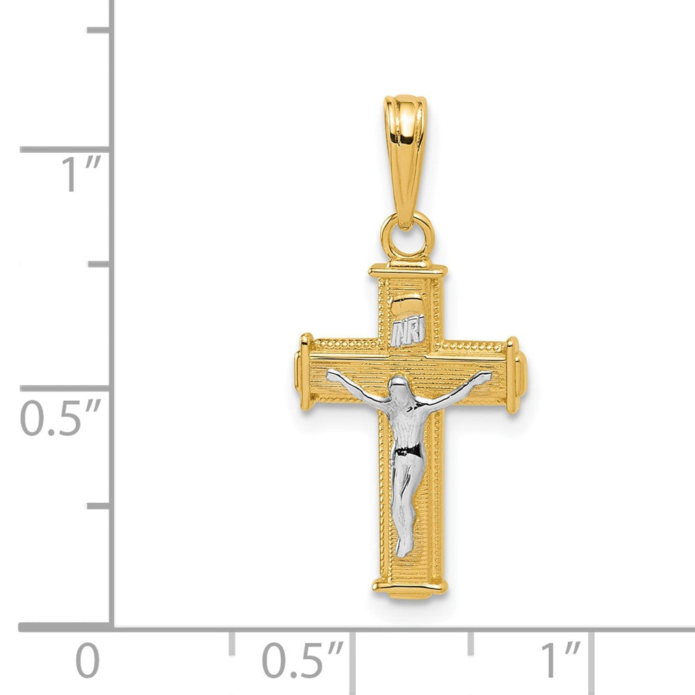 14K and White Rhodium Polished Block INRI Crucifix Charm