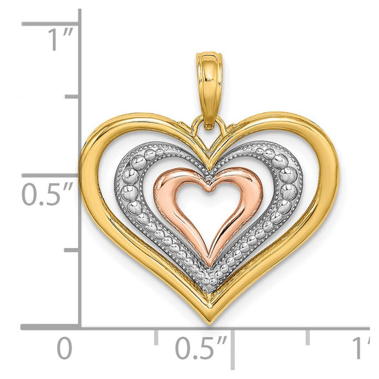 14k Two-tone with White Rhodium Textured and Polished Triple Hearts Charm