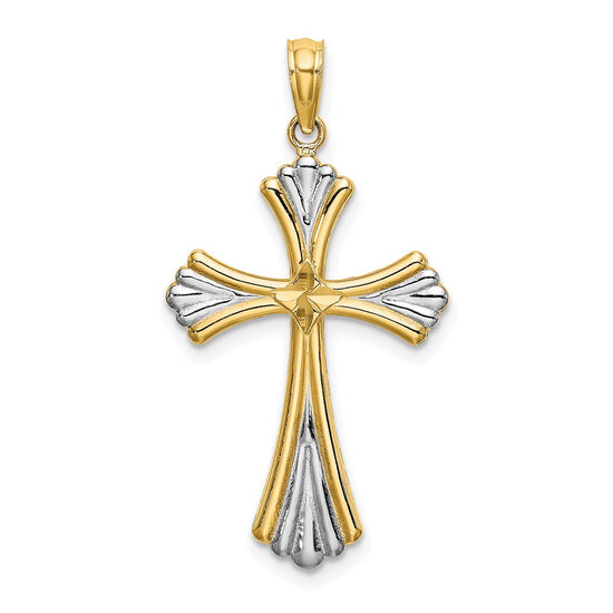 14K and White Rhodium and Diamond-cut Reversible Cross Charm