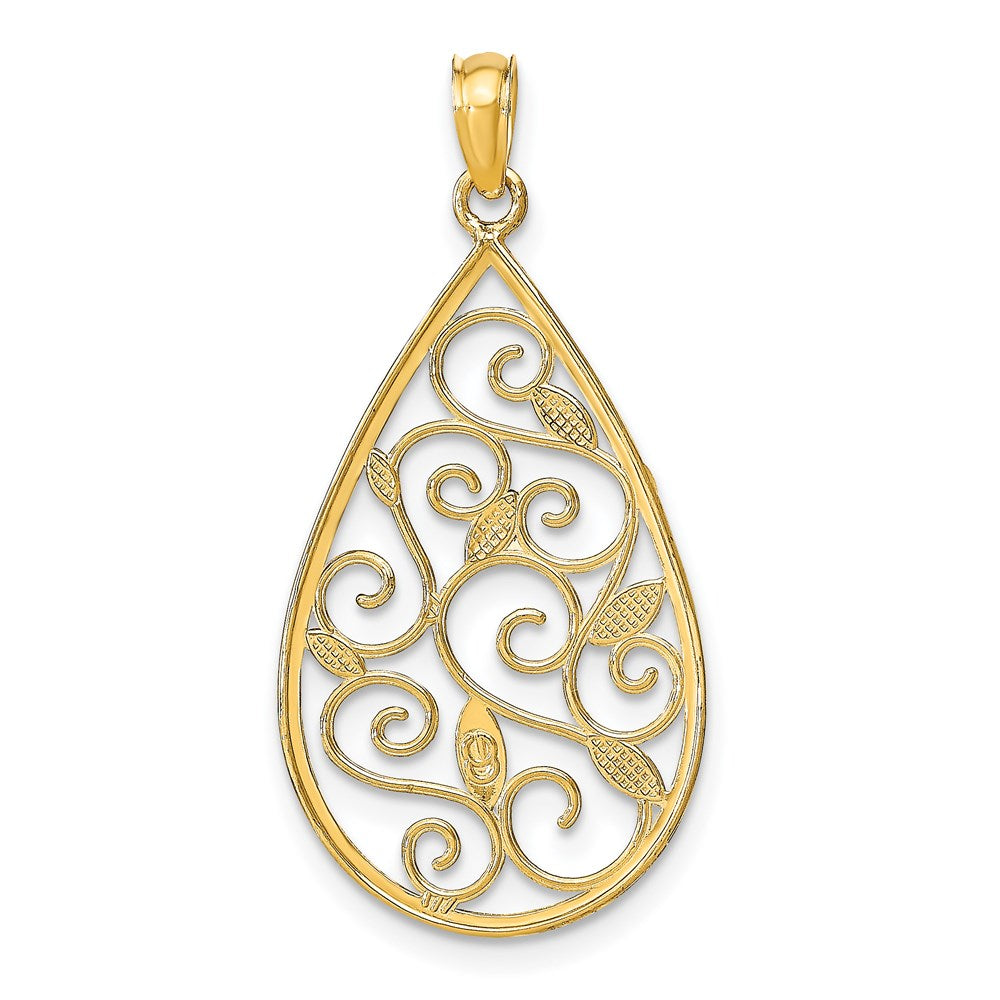 14k and White Rhodium Beaded Filigree Diamond-cut Teardrop Charm