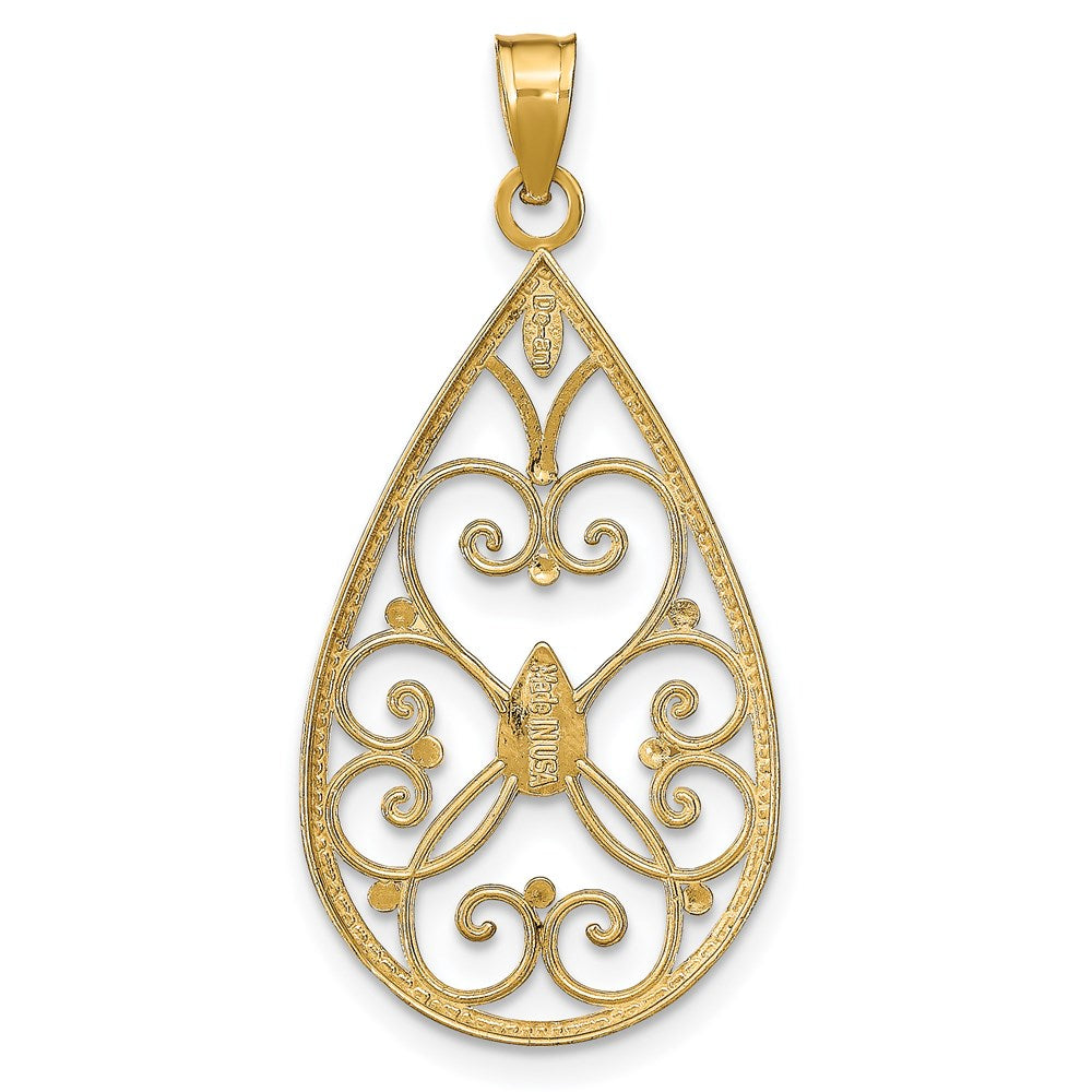 14k and White Rhodium Heart Beaded Filigree Diamond-cut Teardrop Charm