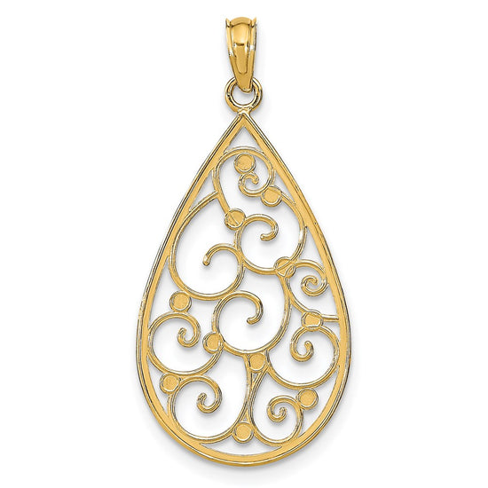 14k and White Rhodium Beaded Filigree Diamond-cut Teardrop Charm