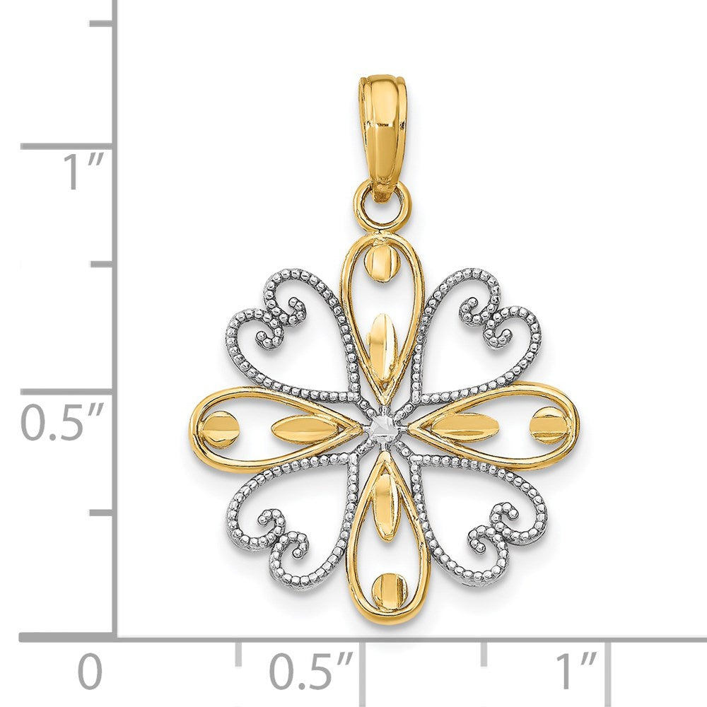 14K and White Rhodium Beaded Heart Petals Flower Charm