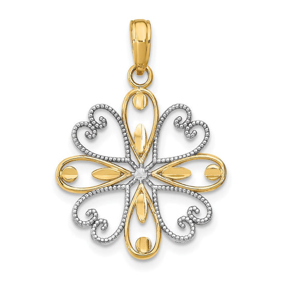 14K and White Rhodium Beaded Heart Petals Flower Charm
