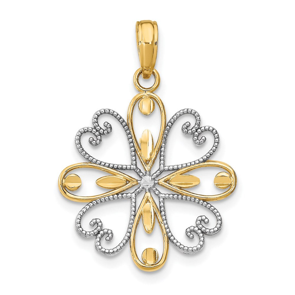 14K and White Rhodium Beaded Heart Petals Flower Charm