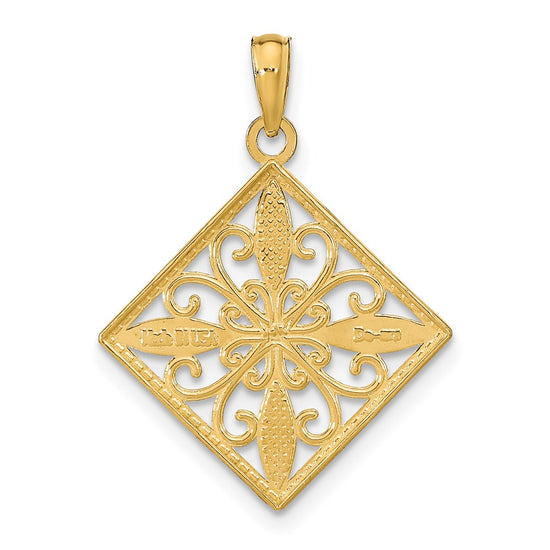 14K and White Rhodium Flower and Cross Square Charm