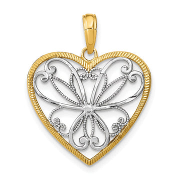 14k and White Rhodium Filigree Heart Charm