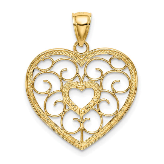 14k and White Rhodium Filigree Heart Charm