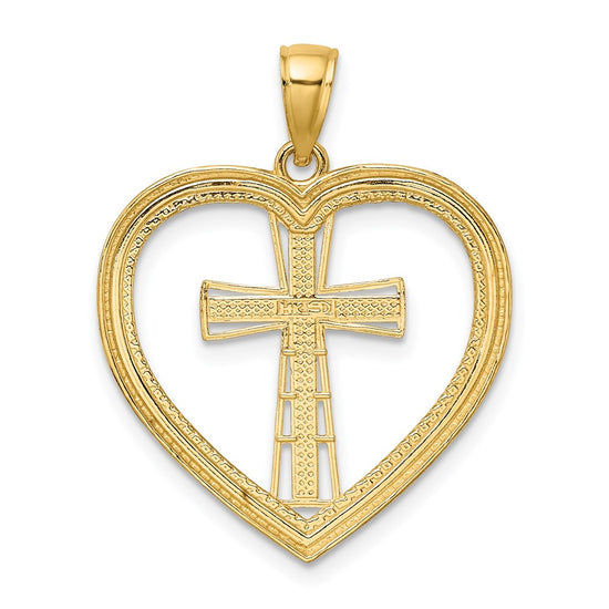 14K and White Rhodium Heart with White Cross In Center Charm