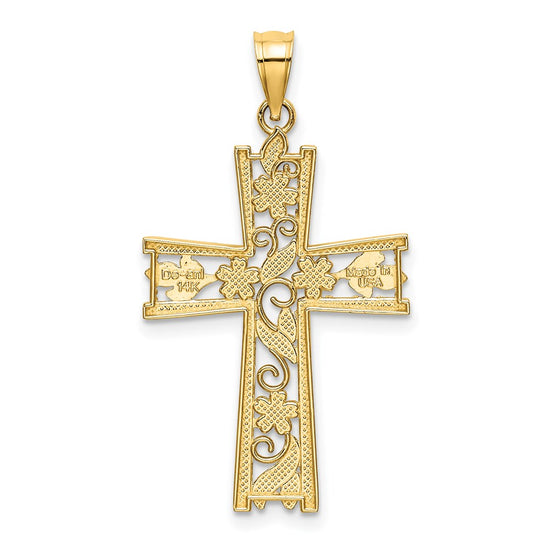 14K and White Rhodium Diamond-cut Flower Design Cross Charm
