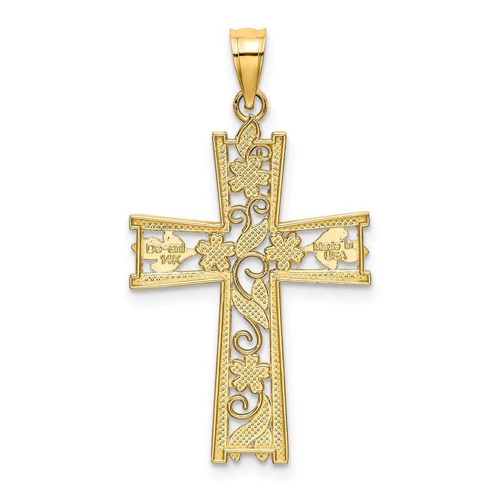 14K and White Rhodium Diamond-cut Flower Design Cross Charm
