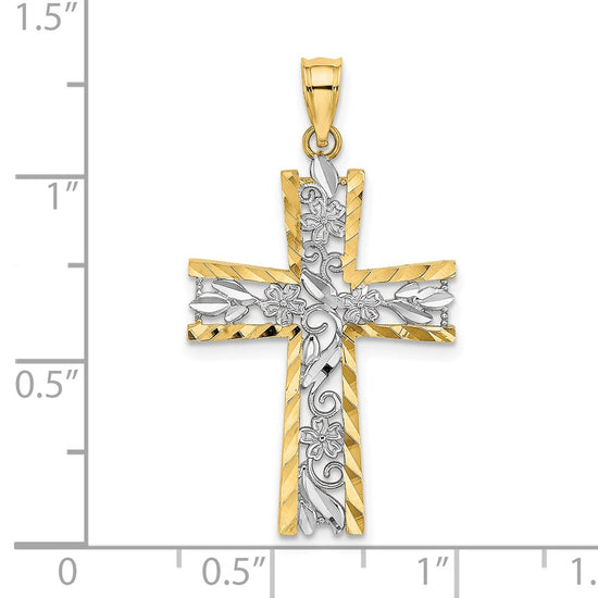 14K and White Rhodium Diamond-cut Flower Design Cross Charm