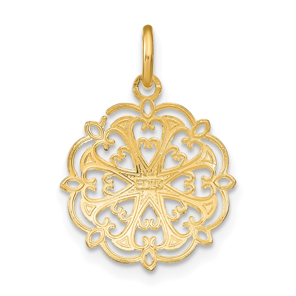 14K and White Rhodium and Diamond-cut Filigree Heart Round Charm