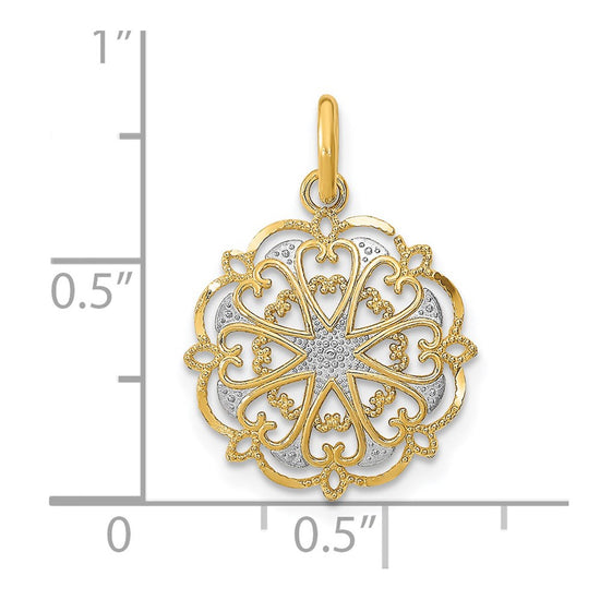 14K and White Rhodium and Diamond-cut Filigree Heart Round Charm