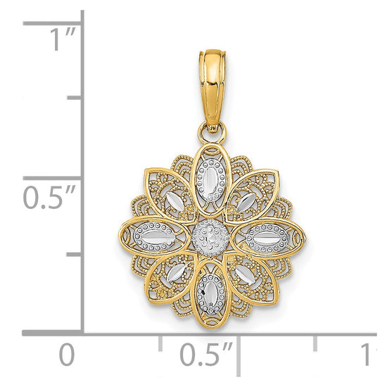 14K and White Rhodium and Diamond-cut  Filigree Flower Charm