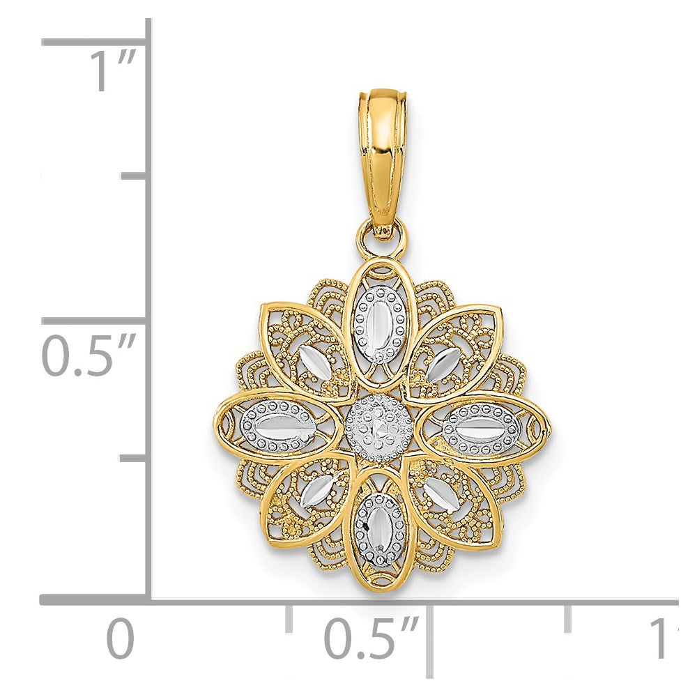 14K and White Rhodium and Diamond-cut  Filigree Flower Charm