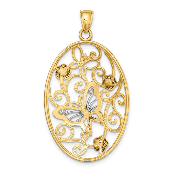14k Two-Tone with Rhodium Butterfly and Flowers in Oval Frame Charm