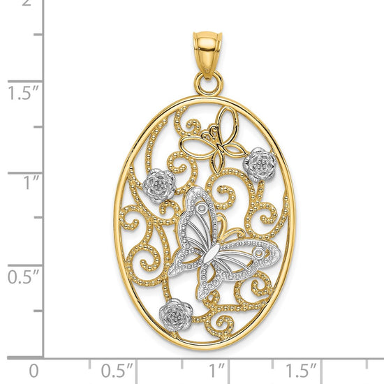 14k Two-Tone with Rhodium Butterfly and Flowers in Oval Frame Charm