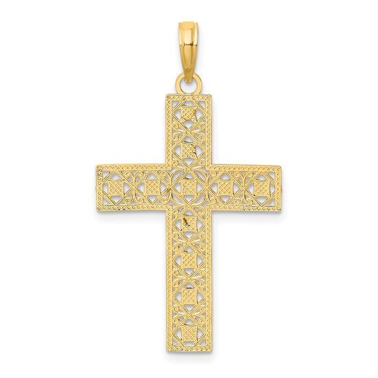 14K and White Rhodium Diamond-cut and Cut-Out Cross Charm