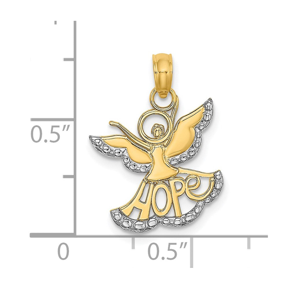 14K and White Rhodium Polished and Textured Cut-Out HOPE Angel Charm