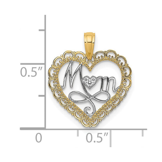 14k with White Rhodium Cut-Out MOM In Scalloped Heart Charm