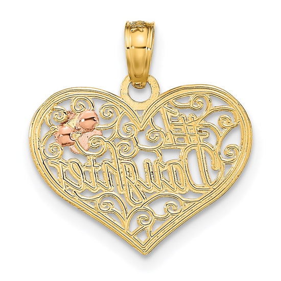 14k Two-tone with White Rhodium #1 DAUGHTER In Heart with Flowers Charm