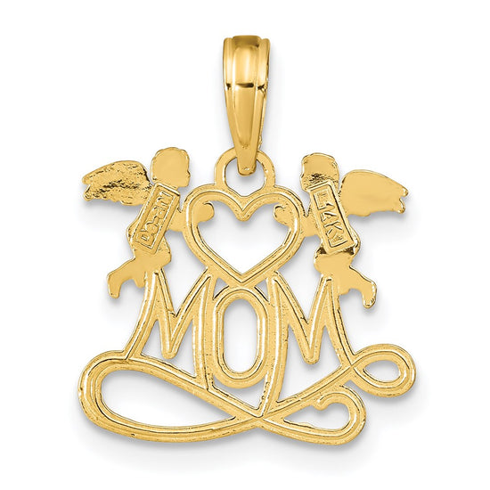14K Polished MOM with Heart and Angels Pendant