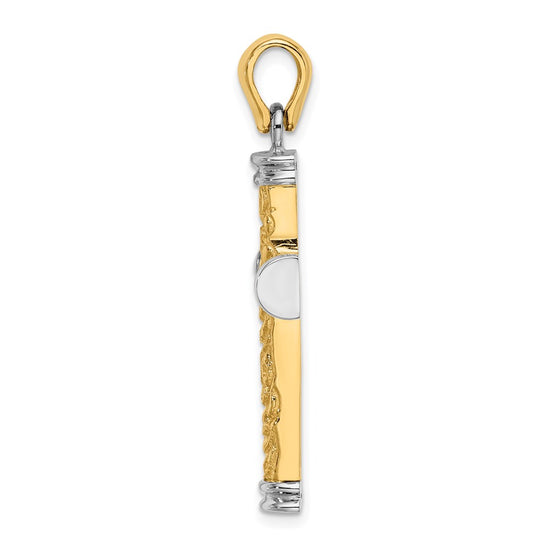 14K and White Rhodium Scroll with Double Endcaps Cross Charm