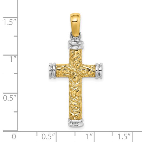 14K and White Rhodium Scroll with Double Endcaps Cross Charm