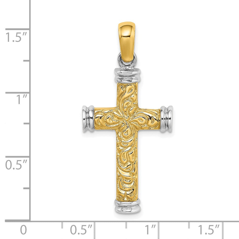 14K and White Rhodium Scroll with Double Endcaps Cross Charm