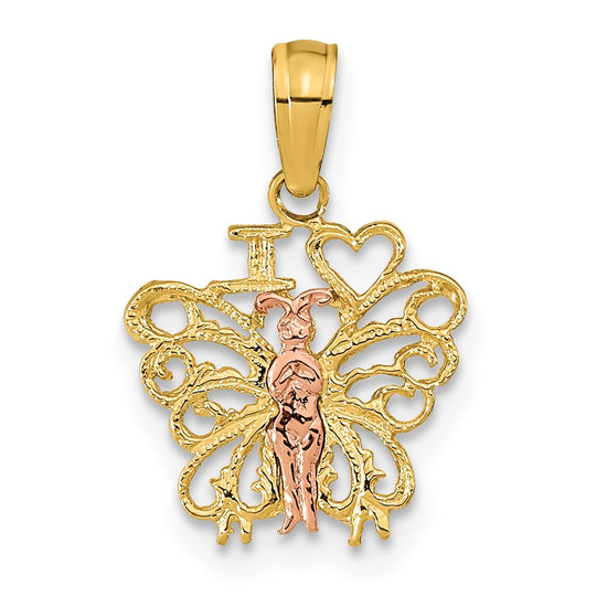 14K Two-tone I HEART Butterfly Pendant