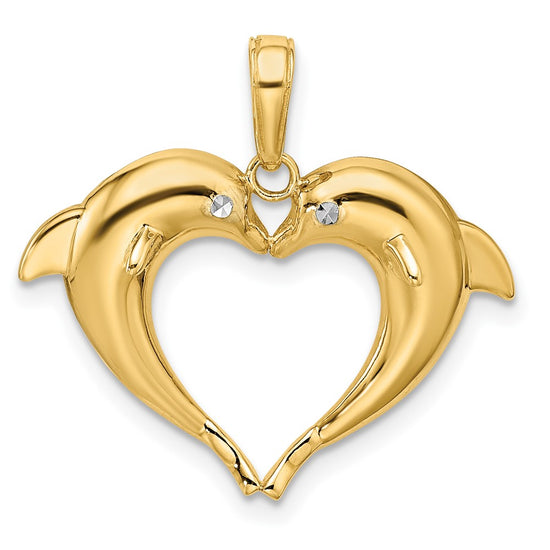 14k and White Rhodium Double Dolphin Heart Pendant