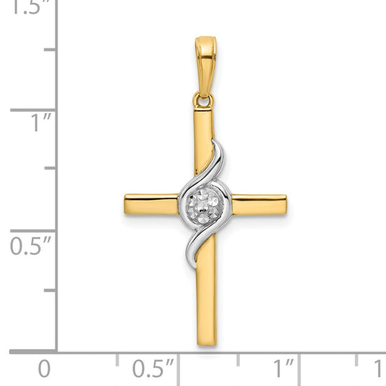 14K and White Rhodium Twist Diamond-cut Cross Pendant