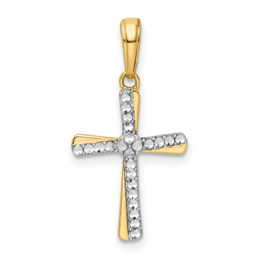 14K and White Rhodium Diamond-cut Cross Pendant