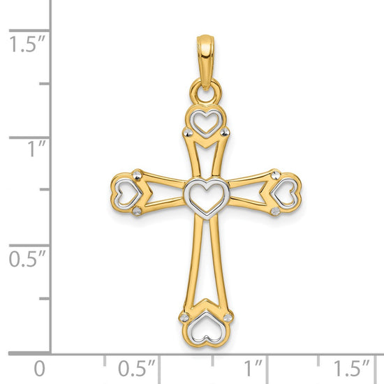 14K and White Rhodium Diamond-cut Cross with Hearts Pendant